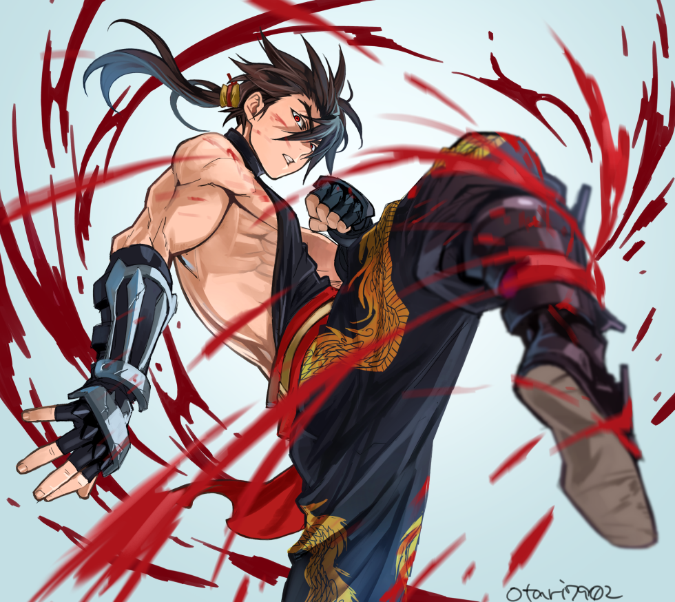 1boy, action, black_hair, blood, brown_hair, cannon_dancer, fingerless_gloves, gloves, indesign, kirin_(cannon_dancer), long_hair, male_focus, muscle, ponytail, red_eyes, solo