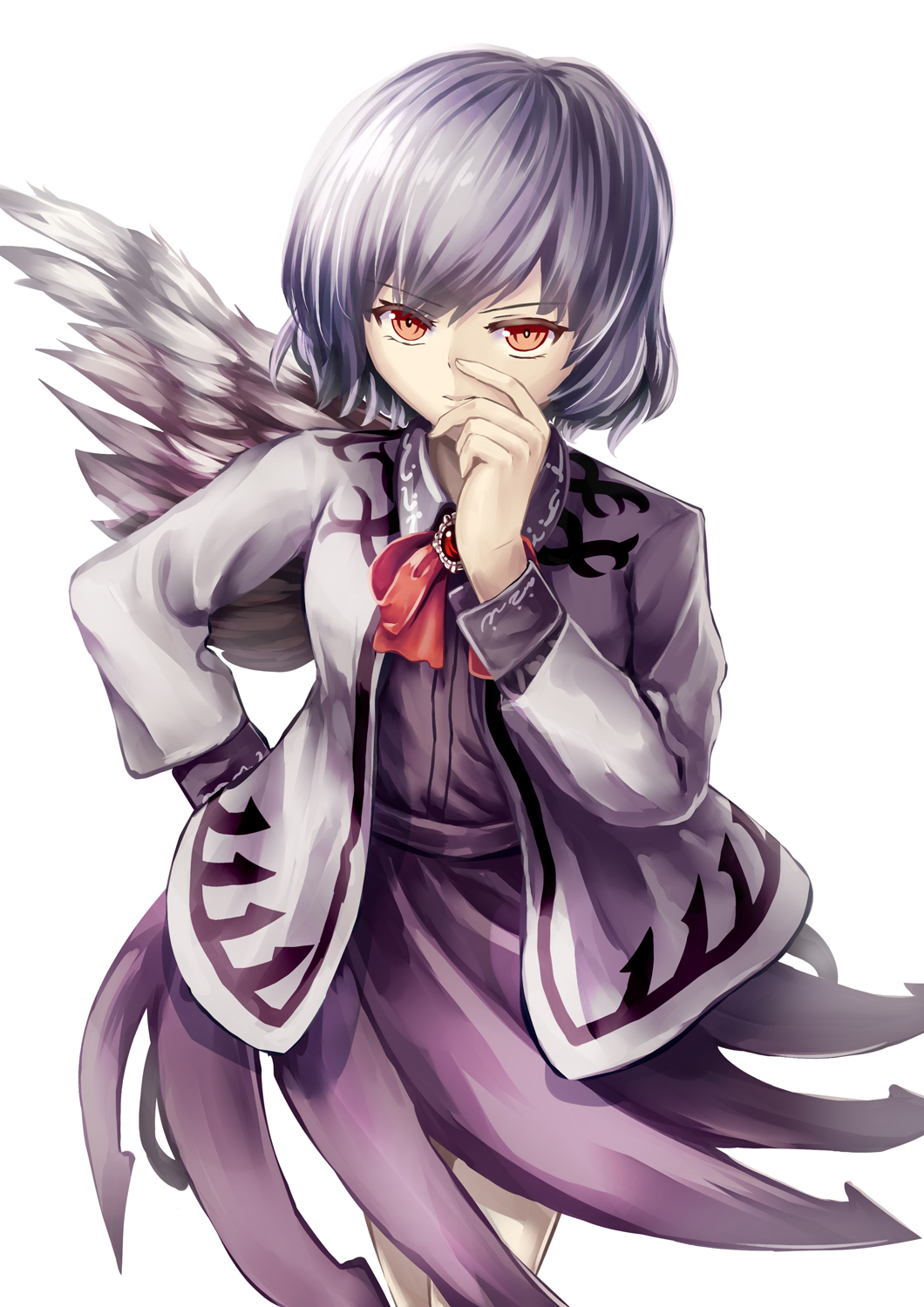 1girl, angel_wings, bangs, bow, breasts, brooch, cowboy_shot, dress