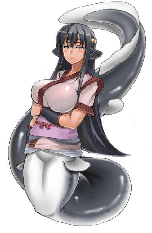 1girl, black_hair, blue_eyes, blush, breasts, eel_girl, head_fins, large_breasts