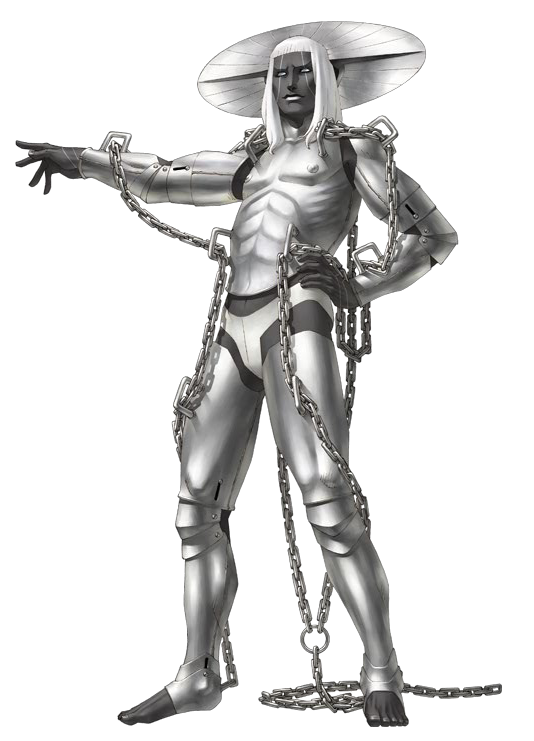 1boy, abs, armor, beldr, chains, facial_mark, full_body, grey_skin, hand_on_hip, kazuma_kaneko, long_hair, male_focus, monochrome, official_art, outstretched_hand, shin_megami_tensei, simple_background, solo, toeless_legwear, white_hair