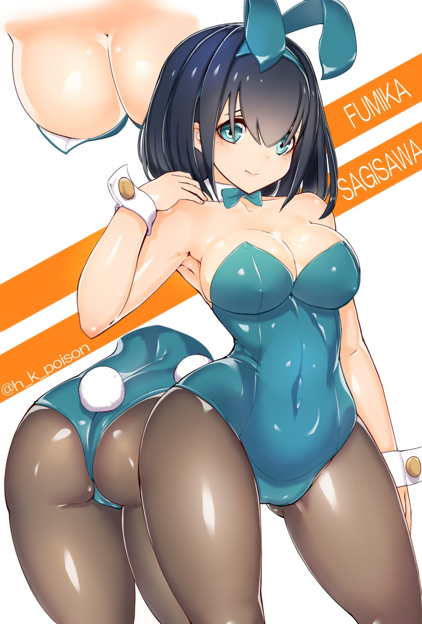 1girl, animal_ears, aqua_eyes, ass, black_hair, bow, bowtie, breasts