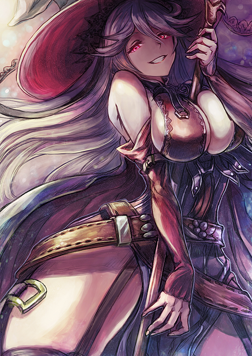 1girl, arm_strap, bare_shoulders, between_breasts, black_legwear, breasts, cleavage, cowboy_shot