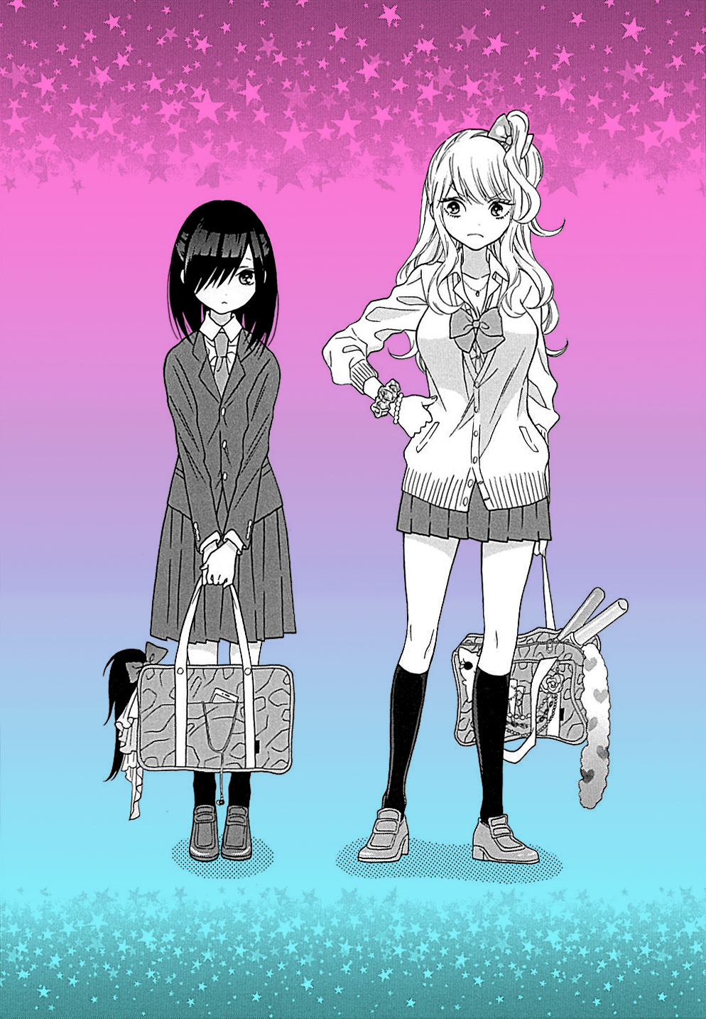 2girls, bag, blazer, bow, bracelet, cardigan, female, full_body, gal_to_otaku_wa_wakari_aenai., gradient, gradient_background, hair_bow, hair_over_one_eye, highres, jacket, jewelry, kawai_rou, kneehighs, kogal, loafers, long_hair, multiple_girls, necklace, otonashi_(gal_to_otaku), partially_colored, saotome_maria_(gal_to_otaku), school_bag, school_uniform, scrunchie, shoes, skirt, uniform, wrist_scrunchie