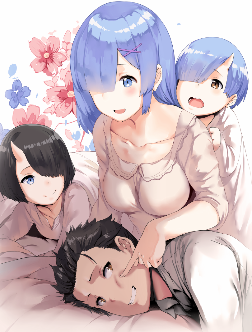 2boys, 2girls, :d, alternate_hair_length, alternate_hairstyle, bed_sheet, black_hair, blanket, blue_eyes, blue_hair, blush, breasts, brother_and_sister, cheek_poking, child, clenched_hand, closed_mouth, collarbone, eyelashes, family, father_and_daughter, father_and_son, floral_background, grin, hair_ornament, happy, hetero, hews_hack, horn, husband_and_wife, if_they_mated, lingerie, long_hair, long_sleeves, looking_at_another, looking_to_the_side, lying, medium_breasts, mother_and_daughter, mother_and_son, multiple_boys, multiple_girls, natsuki_rigel, natsuki_spica, natsuki_subaru, negligee, nightgown, on_bed, on_side, on_stomach, one_eye_covered, oni, oni_horns, open_mouth, poking, re:zero_kara_hajimeru_isekai_seikatsu, rem_(re:zero), short_hair, siblings, sleepwear, sleeves_past_elbows, smile, spoilers, underwear, what_if, white_background, x_hair_ornament, yellow_eyes