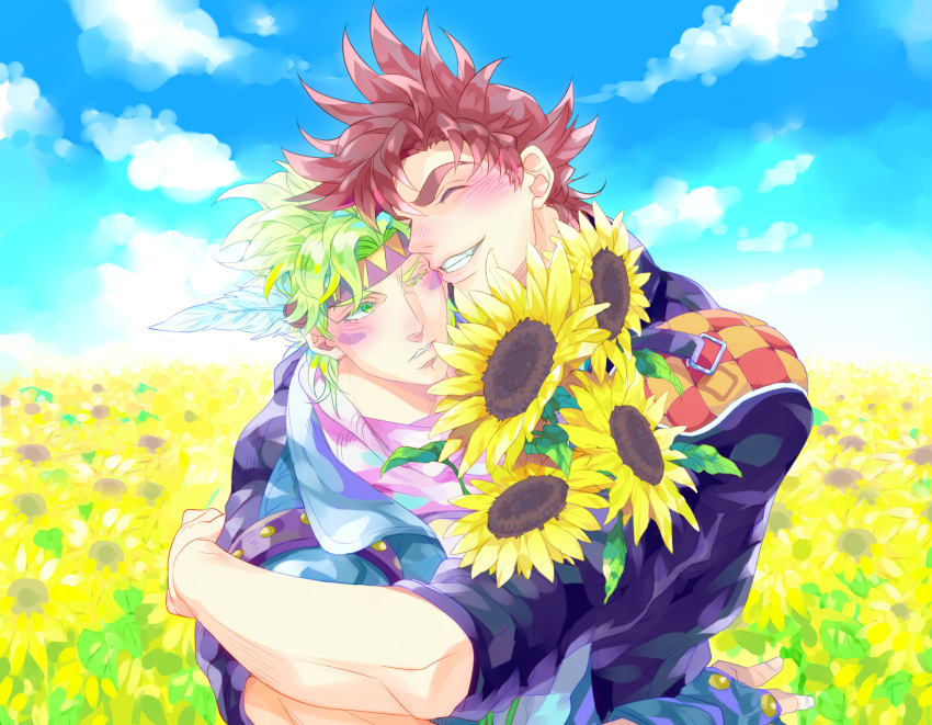 2boys, blonde_hair, blue_sky, blush, brown_hair, caesar_anthonio_zeppeli, clouds, facial_mark