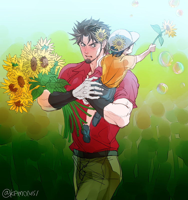2boys, beard, brown_hair, bubble, carrying, child, facial_hair, flower