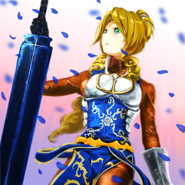 1girl, armor, artist_request, blonde_hair, drill_hair, gloves, green_eyes, lakyus_alvein_dale_aindra