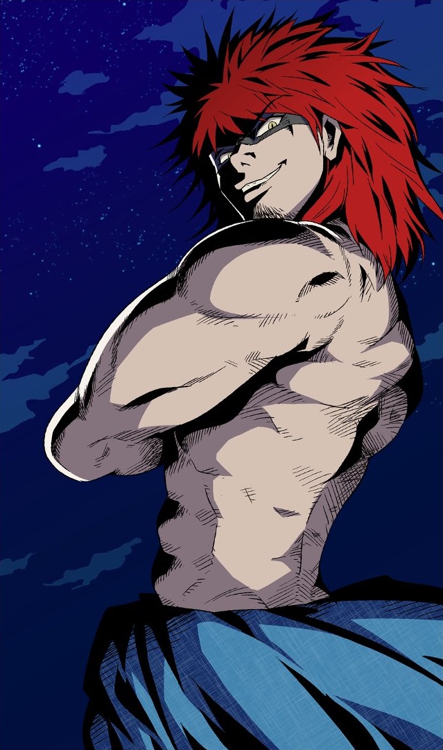 1boy, crossed_arms, facial_mark, kamakiri_(kamakiri_farm), kunoichi_chiyome, long_hair, looking_at_viewer, messy_hair, muscle, ootori_ichiraku, redhead, smirk, solo
