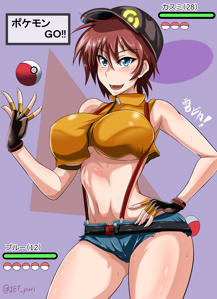 10s, 1girl, bare_shoulders, blue_eyes, blush, breasts, brown_hair, dengeki!_pikachu