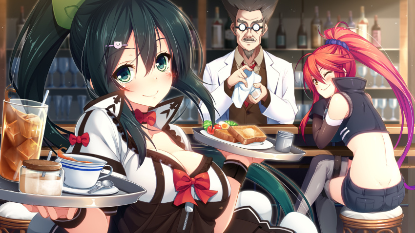 1boy, 2girls, aristear_remain, ass, astronauts, astronauts_comet, blush, bread