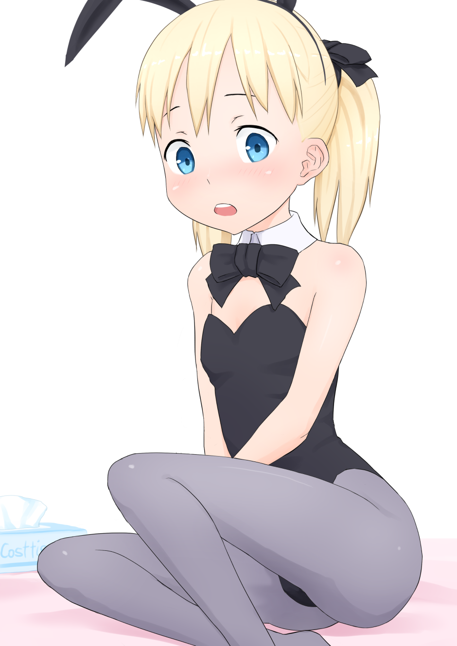 1girl, blonde_hair, blue_eyes, bunny_tail, bunnysuit, collar, eyebrows, female