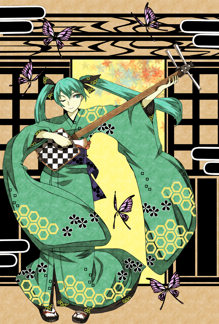 aqua_hair, bachi, bad_id, bow, butterfly, clog_sandals, hair_bow, hatsune_miku