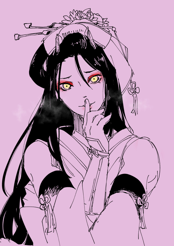 1boy, androgynous, bare_shoulders, black_hair, crossdressinging, detached_sleeves, eyeshadow, flower