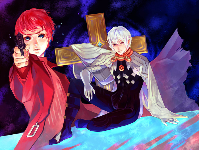 2boys, albedo_piazzolla, albino, blue_eyes, bodysuit, child, cloak, collared_shirt