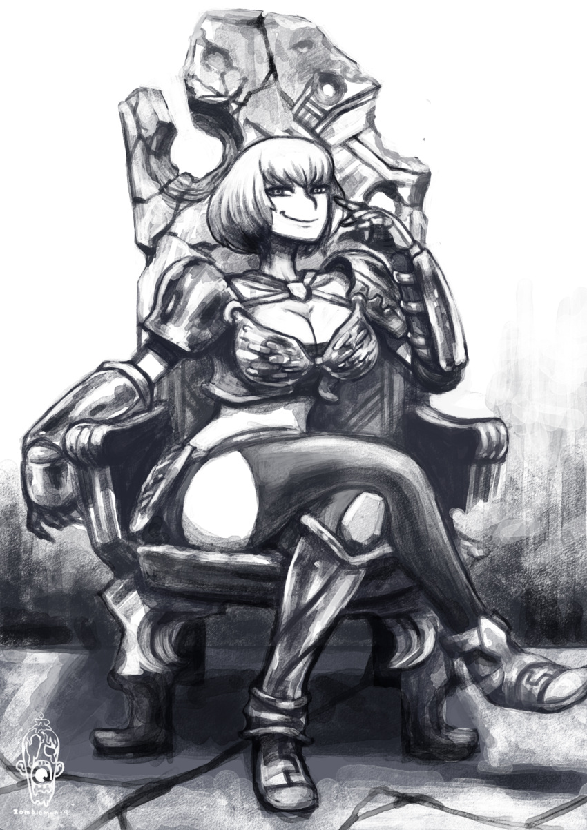 1girl, breasts, clementine_(overlord), female, gradient, gradient_background, greyscale, monochrome
