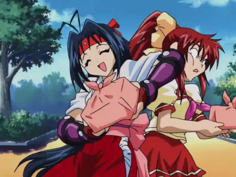 2girls, animated, animated_gif, black_hair, headband, japanese_clothes, kiribayashi_azumi, long_hair