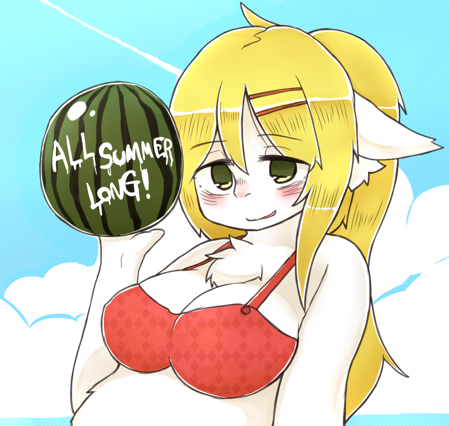 1girl, artist_request, beach_ball, bikini, blonde_hair, breasts, female, furry