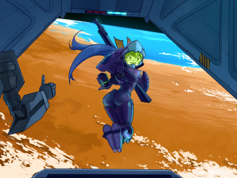 1boy, 1girl, 90s, :d, aircraft, armor, ass, beam_rifle