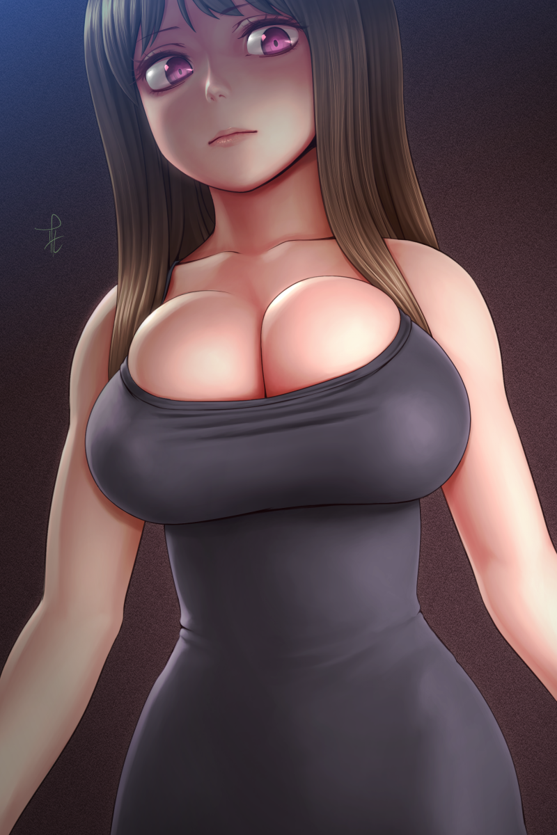 1girl, bare_shoulders, breasts, brown_hair, bursting_breasts, cleavage, highres, horiishi_horuto