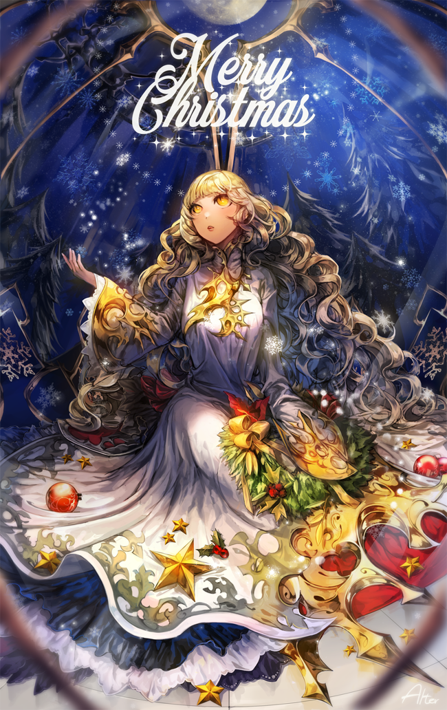 1girl, alter_(silent_mute), blonde_hair, blush, christmas, christmas_ornaments, curly_hair, dress