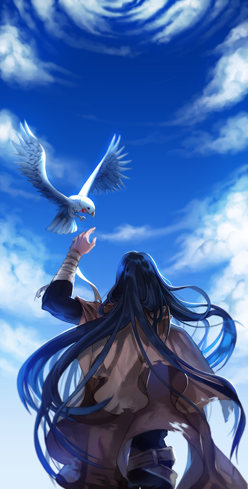 1boy, alter_(silent_mute), animal, arm_up, back, bandaged_arm, bird, black_hair