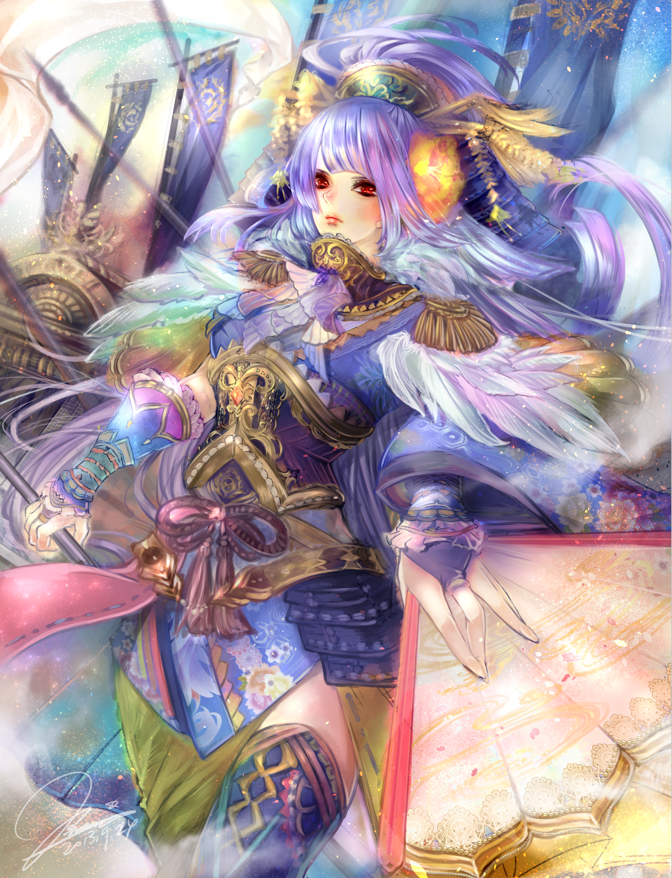 1girl, banamons, battle_standard, epaulettes, fan, floral_print, hair_ornament, hat