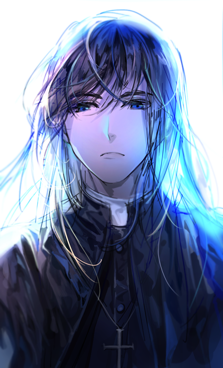 1boy, alter_(silent_mute), black_hair, blue_eyes, cross, long_hair, male_focus, solo