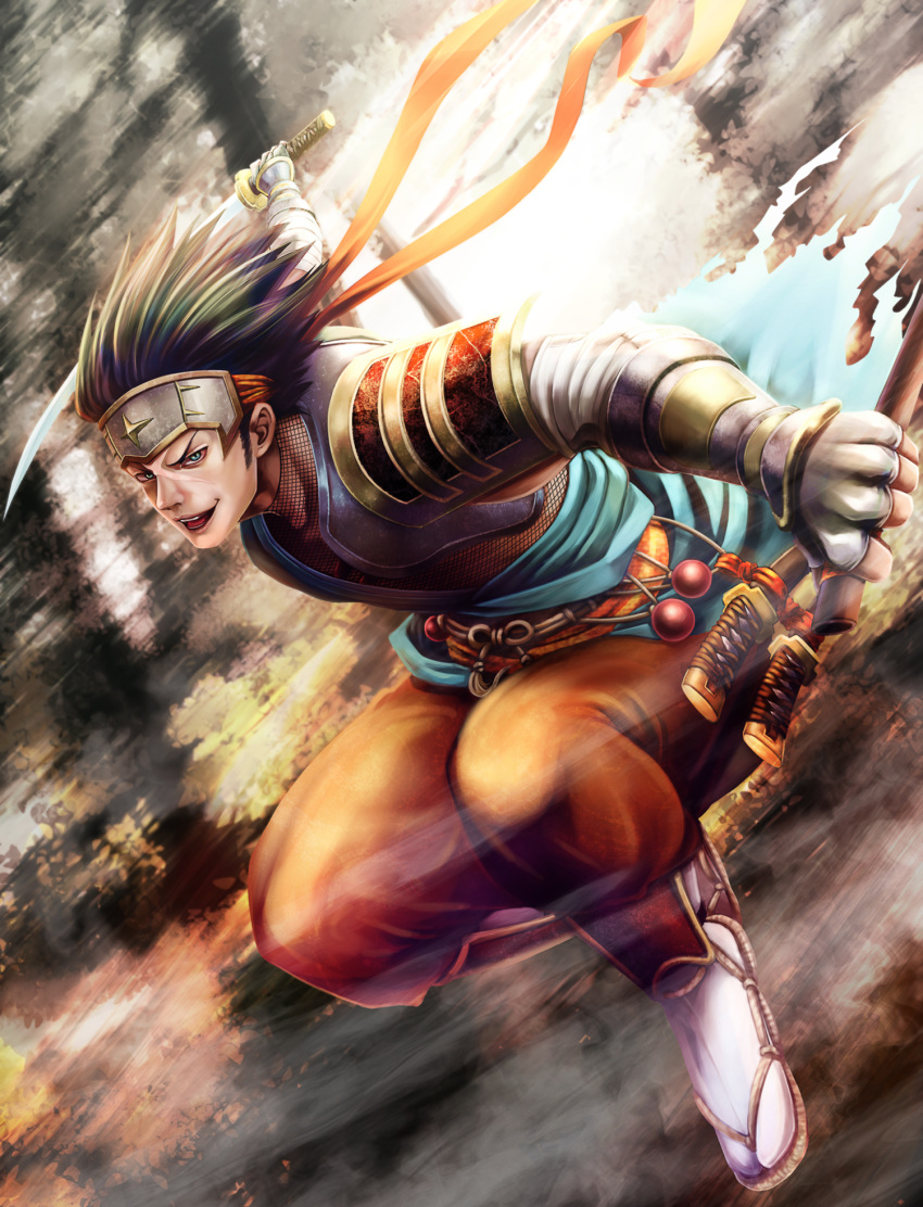 1boy, 48kaz, aqua_eyes, brown_hair, endou_naotsune, fingerless_gloves, gloves, headband, highres, katana, looking_at_viewer, open_mouth, sandals, sengoku_taisen, sheath, socks, solo, sword, torn_cape, weapon, white_gloves, white_legwear