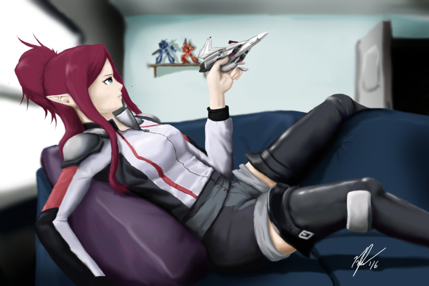 1girl, 2016, action_figure, blue_eyes, breasts, canards, couch, door