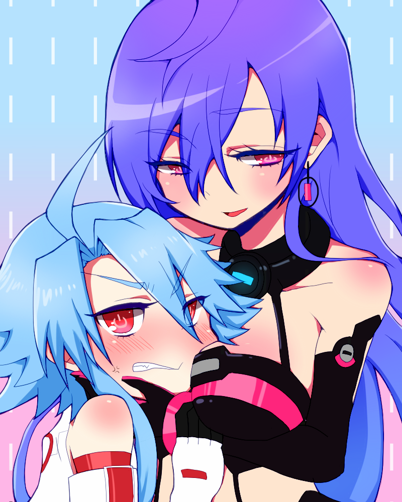 2girls, ahoge, blanc, blue_hair, blush, breast_envy, breasts, choujigen_game_neptune, cleavage, elbow_gloves, gloves, iris_heart, long_hair, looking_at_viewer, multiple_girls, nakagawa@_tsuitte, nakagawa_(shirupet_logic), neptune_(series), power_symbol, purple_hair, pururut, red_eyes, short_hair_with_long_locks, smile, symbol-shaped_pupils, white_heart