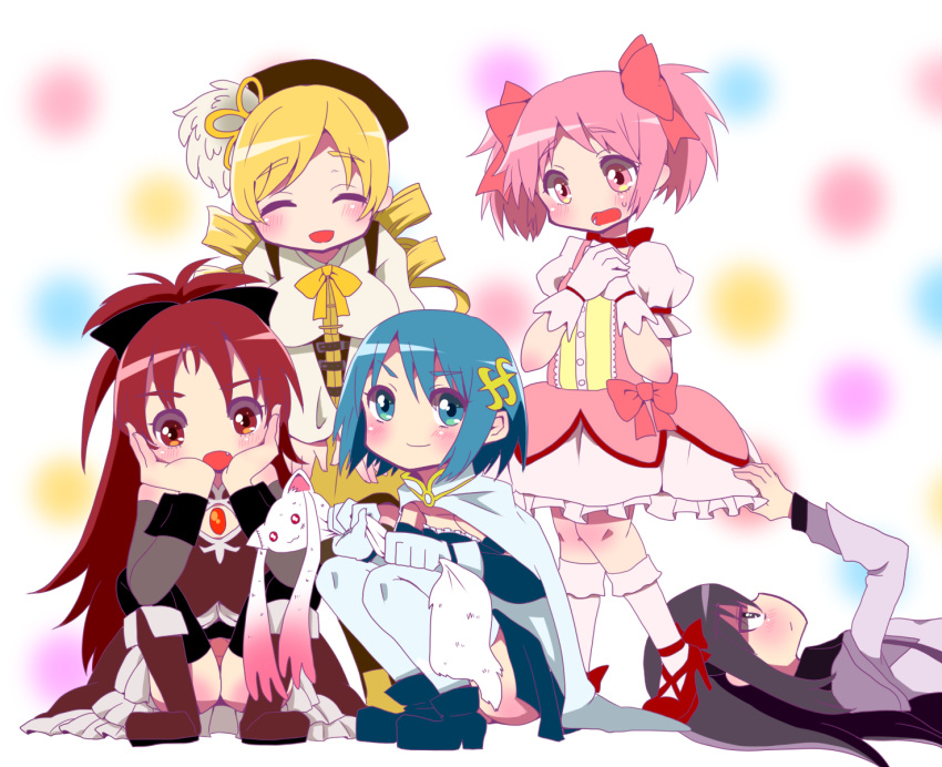 5girls, akemi_homura, blonde_hair, blue_hair, blush, bubble_skirt, cape, drill_hair, hair_ornament, hairclip, highres, kaname_madoka, long_hair, magical_girl, mahou_shoujo_madoka_magica, miki_sayaka, multiple_girls, nakagawa@_tsuitte, nakagawa_(shirupet_logic), pink_eyes, pink_hair, ponytail, red_eyes, redhead, sakura_kyouko, short_twintails, skirt, tomoe_mami, twin_drills, twintails