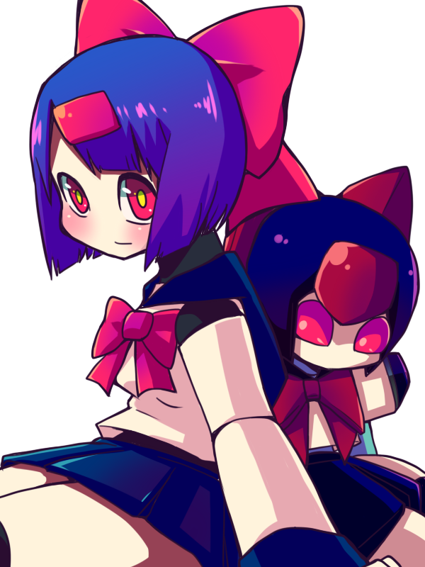 1girl, blue_hair, brass, hair_ribbon, medarot, nakagawa@_tsuitte, nakagawa_(shirupet_logic), personification