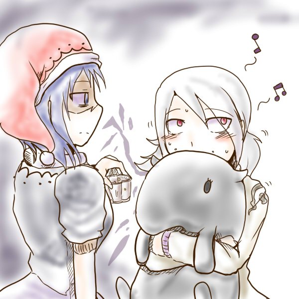 2girls, baku_(creature), blue_hair, blush, commentary_request, doremy_sweet, hat, hisan, hug, kishin_sagume, multiple_girls, musical_note, pom_pom_(clothes), red_eyes, shaded_face, touhou, white_hair