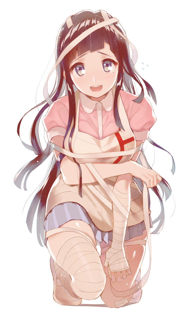 1girl, :d, bandage, bandaged_arm, bandaged_leg, black_eyes, black_hair, blue_skirt