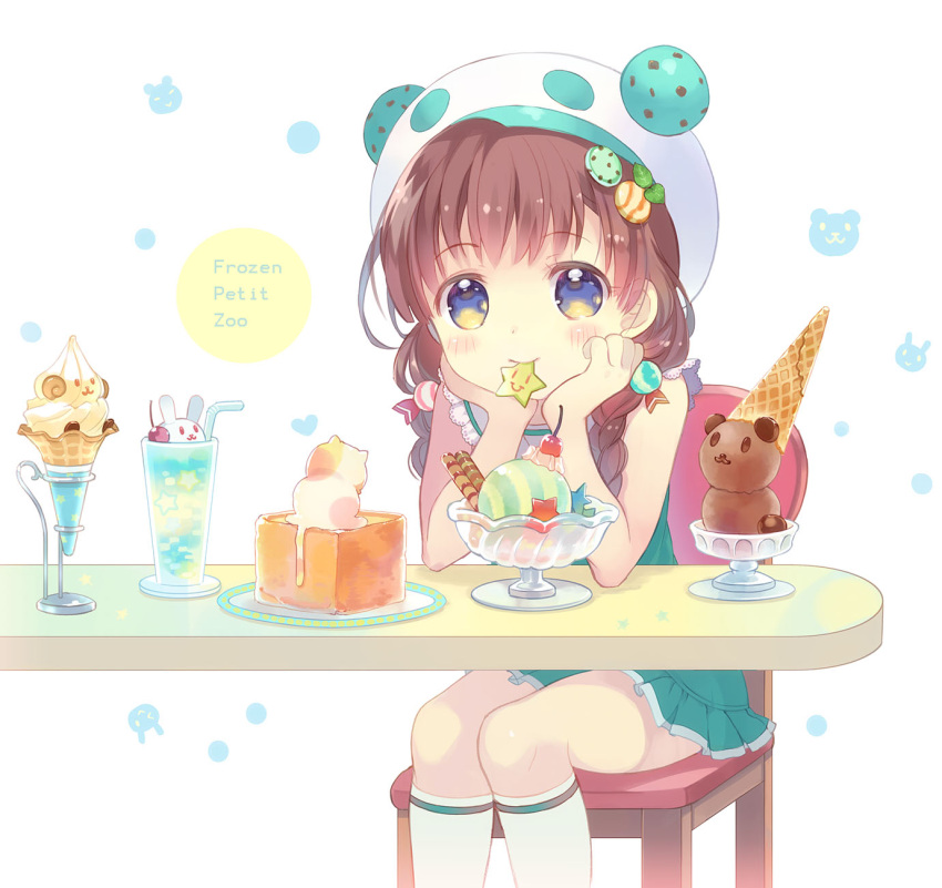 1girl, animal_print, bangs, bare_arms, bear, bear_hat, bendy_straw, blue_eyes, blush, braid, brown_hair, cake, candy_hair_ornament, cat, chair, cherry, chocolate, chocolate_ice_cream, cone_holder, cream, cup, drink, drinking_glass, drinking_straw, eyebrows, eyebrows_visible_through_hair, eyelashes, food, food_themed_hair_ornament, fruit, hair_ornament, hair_over_shoulder, hairclip, hands_on_own_cheeks, hands_on_own_face, head_rest, heart, heart_background, highres, ice_cream, ice_cream_cone, ice_cream_cup, ice_cream_float, kneehighs, lace_trim, leaf, long_hair, looking_at_viewer, mint, mouth_hold, original, plate, rabbit, sailor_collar, saucer, sitting, sleeveless, smile, soft_serve, solo, star, star_print, striped, takeda_mika, twin_braids, wafer_stick, waffle_cone, white_background, white_legwear, wrapper