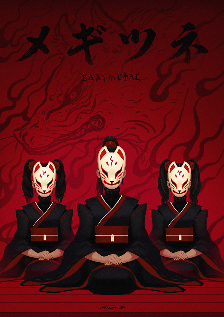 3girls, artist_name, babymetal, black_hair, black_kimono, black_nails, flower, fox