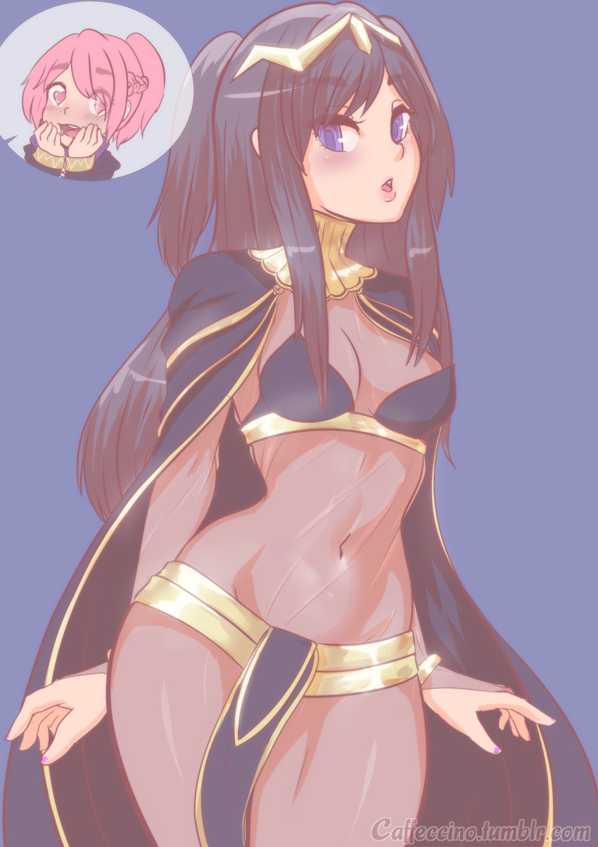 2girls, akemi_homura, black_hair, blush, breasts, caffeccino, cleavage, cosplay