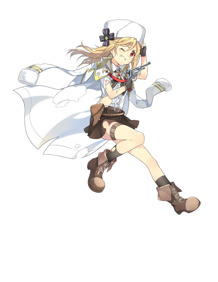 1girl, bare_arms, bare_legs, belt, black_gloves, black_legwear, blonde_hair, boots