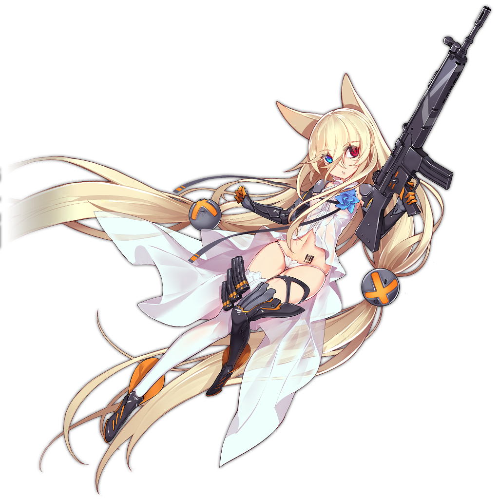 1girl, absurdly_long_hair, animal_ears, assault_rifle, barcode, black_legwear, blonde_hair, blue_eyes