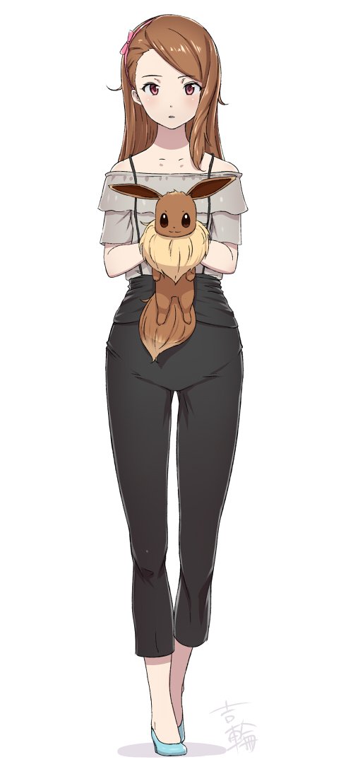 1girl, 90s, bad_anatomy, bare_shoulders, black_pants, blush, bow, brown_hair, collarbone, eevee, full_body, grey_shirt, hair_bow, hairband, holding, idolmaster, long_hair, minase_iori, no_legwear, off-shoulder_shirt, pants, parted_lips, pink_bow, pokemon, pokemon_(creature), pokemon_(game), pokemon_rgby, poorly_drawn, red_eyes, shirt, short_sleeves, signature, simple_background, solo, walking, white_background, yoshiwa_tomo
