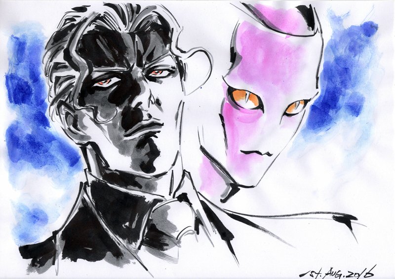 1boy, blue_background, dated, formal, greyscale, hayama_jun'ichi, jojo_no_kimyou_na_bouken, killer_queen, kira_yoshikage, male_focus, marker_(medium), monochrome, necktie, orange_eyes, partially_colored, stand_(jojo), suit, traditional_media