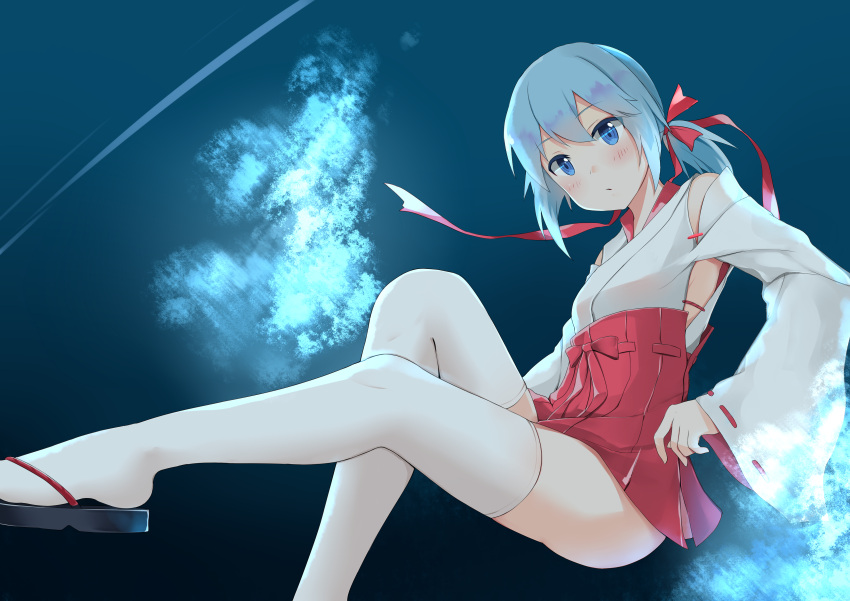 1girl, absurdres, blue_eyes, blue_hair, blush, ero_mang-a, geta, hair_ribbon