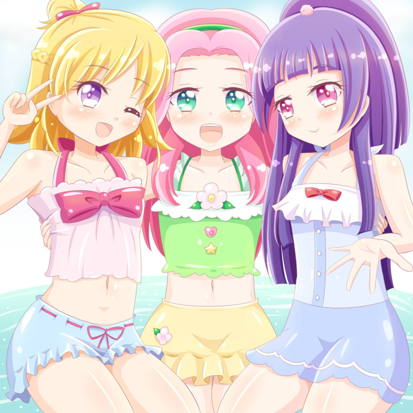 asahina_mirai, cherrose, commentary_request, hanami_kotoha, highres, izayoi_liko, mahou_girls_precure!, navel, precure, swimsuit