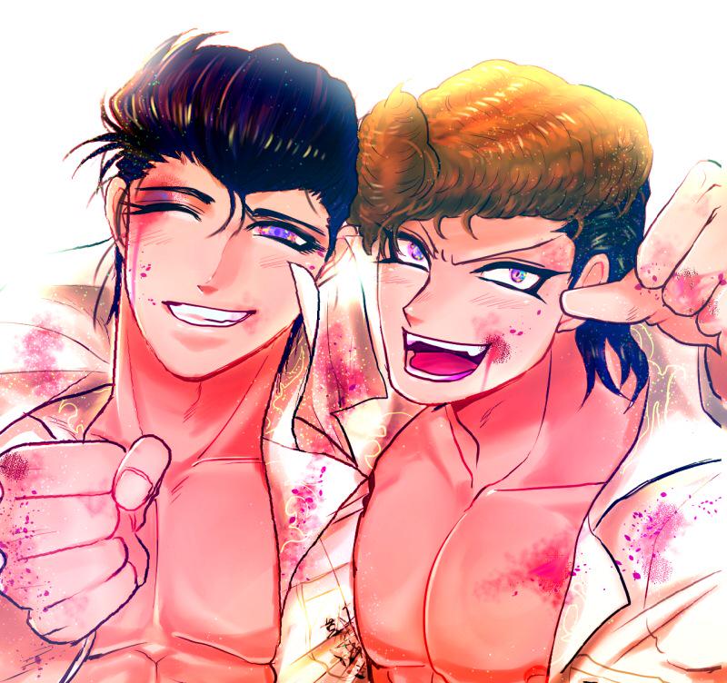 2boys, ;), black_hair, blood, blood_on_face, bloody_clothes, bloody_hands, brothers, clenched_teeth, close-up, dangan_ronpa, dangan_ronpa_1, grin, multiple_boys, nipples, norita_(eri6m6rie), one_eye_closed, oowada_daiya, oowada_mondo, pompadour, shirtless, siblings, simple_background, smile, teeth, white_background, younger