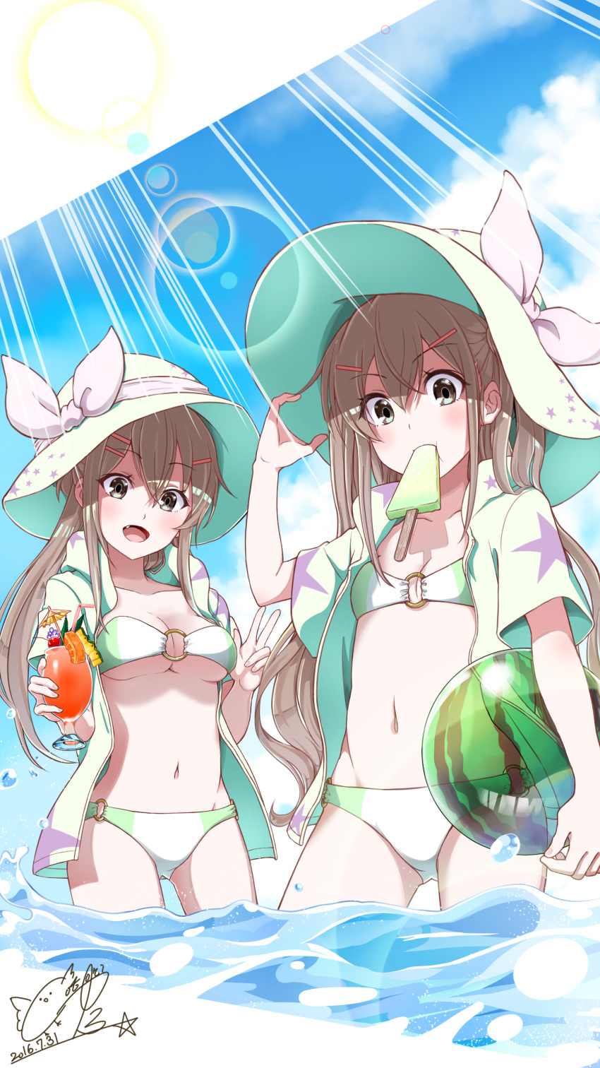 2016, 2girls, absurdres, ball, bandeau, beachball, bikini, blue_sky