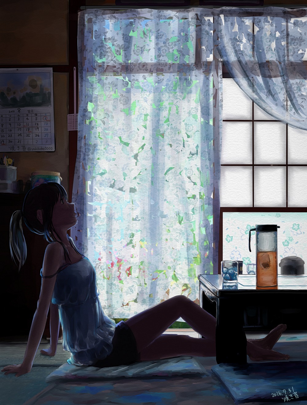 arm_support, backlighting, barefoot, black_hair, calendar_(object), camisole, commentary, cup, curtains, cushion, dark, dated, drinking_glass, flyswatter, highres, ice, indoors, leaning_back, long_hair, looking_up, original, pitcher, ponytail, profile, scenery, shorts, signature, sitting, strap_slip, summer, sunlight, table, tatami, tea, water_heater, window, yakikoke