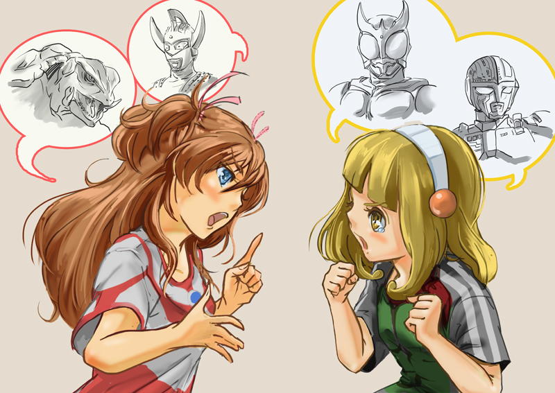 2girls, arguing, blonde_hair, blue_eyes, brown_hair, choujinki_metalder, curegolgom, fang