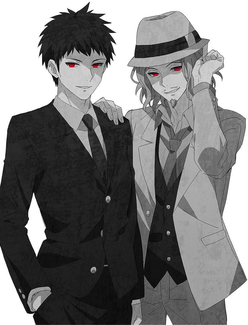 2boys, adjusting_clothes, adjusting_hat, black_hair, dangan_ronpa, dangan_ronpa_3, facial_hair, formal