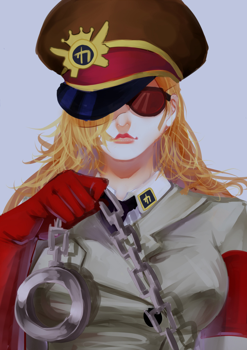 1girl, 8chinchin, absurdres, blonde_hair, chains, curly_hair, domino_(one_piece), glasses, gloves, grey_background, hair_over_one_eye, hat, highres, long_hair, military, military_hat, military_uniform, one_piece, portrait, simple_background, solo, sunglasses, uniform