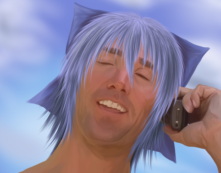 1boy, billy_herrington, cellphone, cirno, cirno_(cosplay), crossover, genderswap, meme